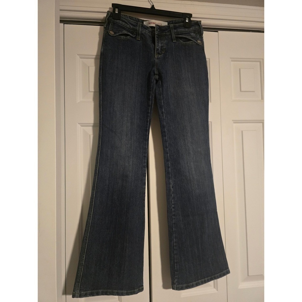 Mossimo Denim Womens Dark Wash Flare Jeans Embellished Low Rise Size 5 Y2K